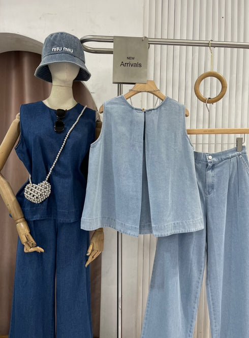 Denim Round Neck Pleated Back Tops with Trousers Sets